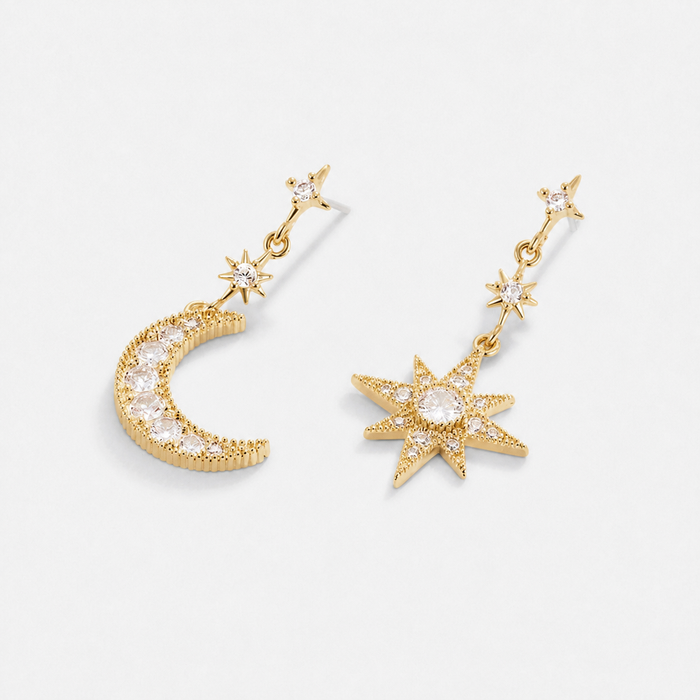 Crystal Moon and Star Drop Earrings with Stud Backing