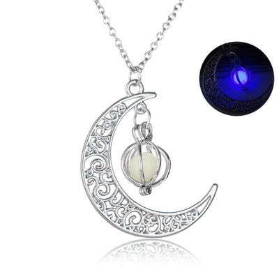 Crescent Moon Necklace with Glow in the Dark Stone