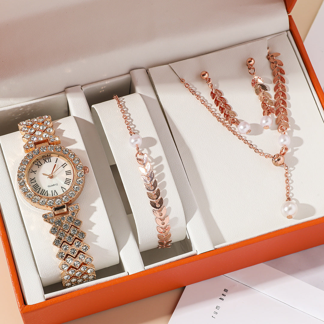 Gold rhinestone bracelet watch with jewelry set