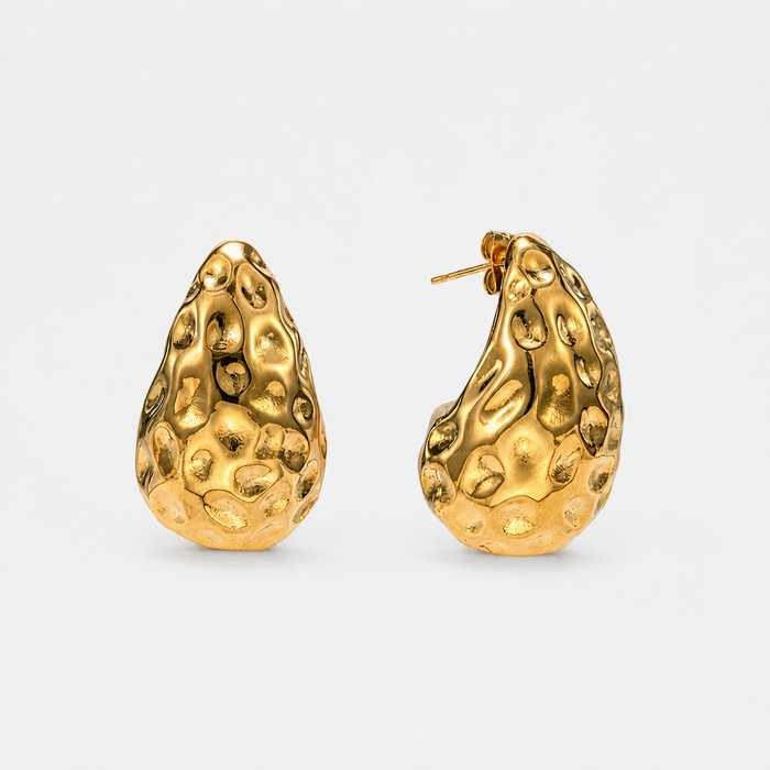 Hammered Teardrop Stud Earrings with Gold Finish