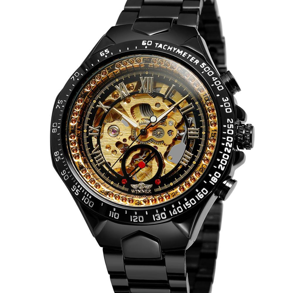Men's gold skeleton automatic watch with steel bracelet