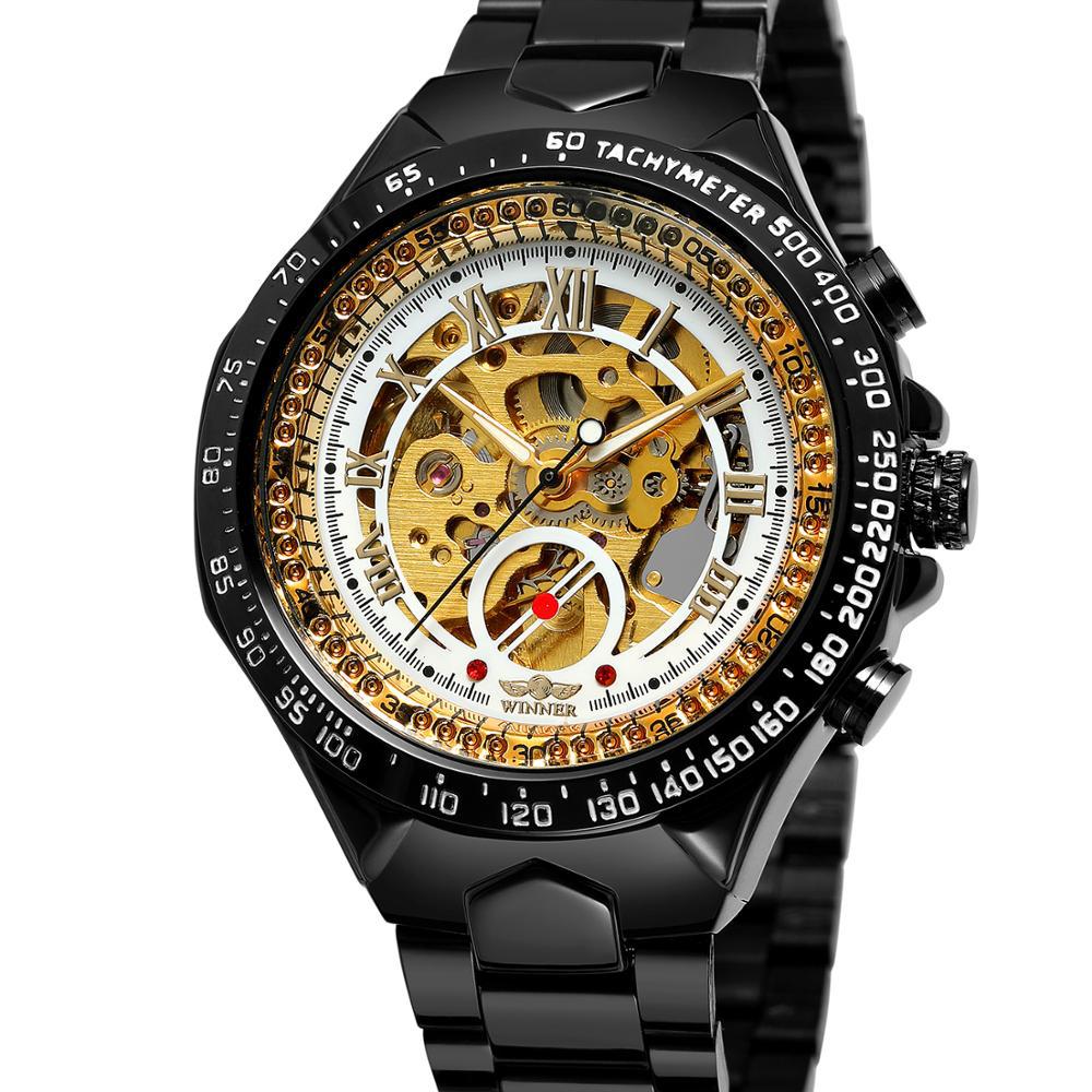 Men's gold skeleton automatic watch with steel bracelet