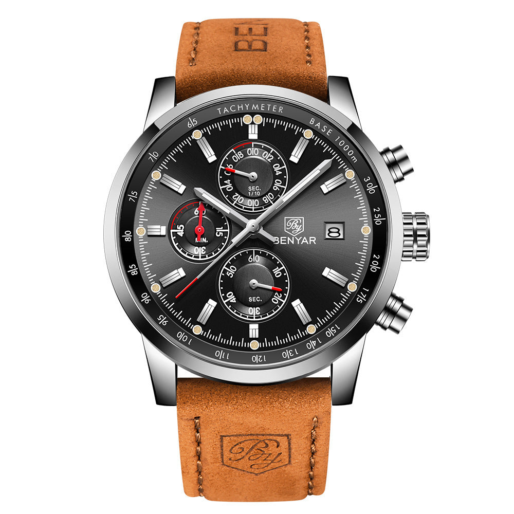 Men's watch with gray dial and brown leather strap