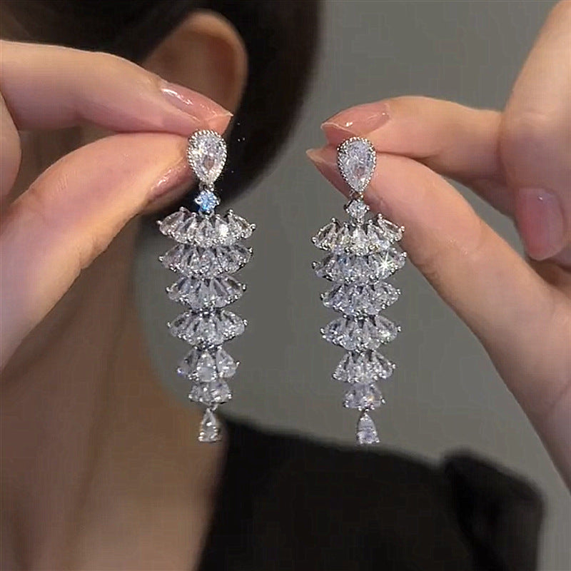 Silver tiered zircon Christmas tree earrings
