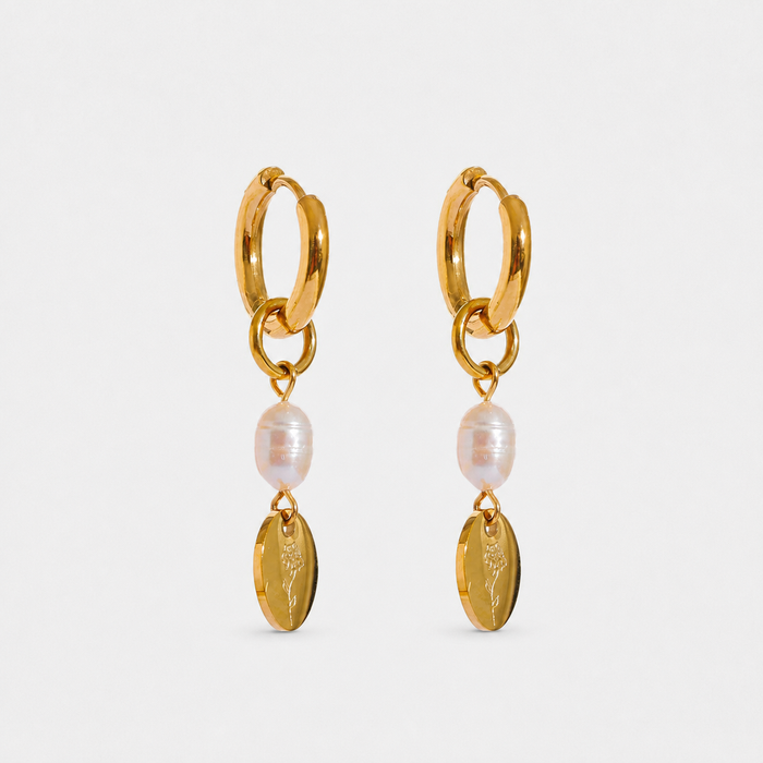 Freshwater Pearl Hoop Earrings with Engraved Charm