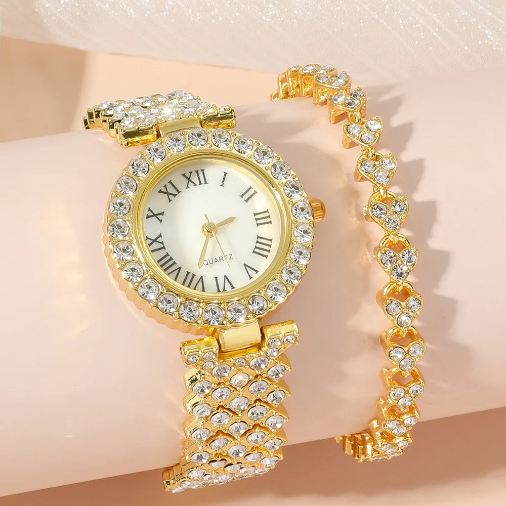 Gold rhinestone bracelet watch with jewelry set