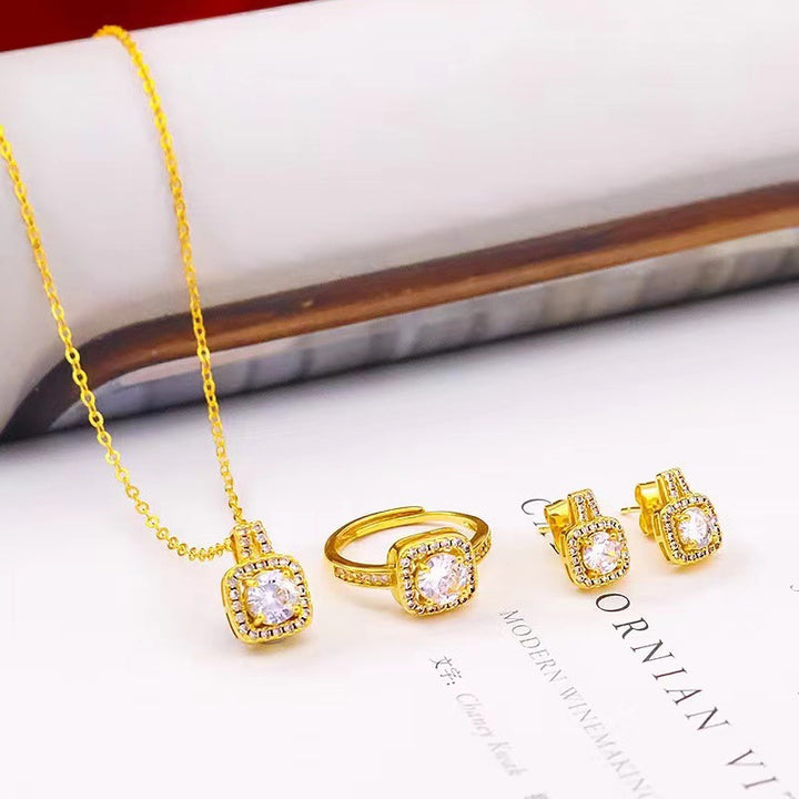 Gold square halo zircon necklace, earrings and ring