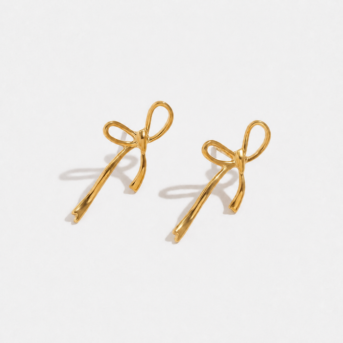 Gold-Plated Bow Stud Earrings with Flowing Design