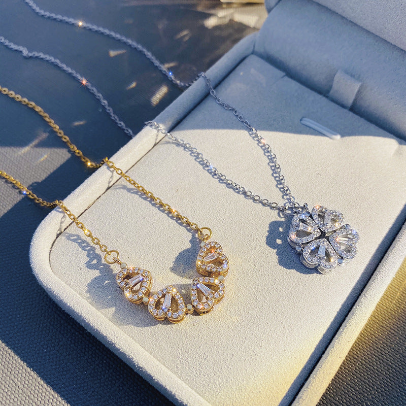 Gold magnetic four leaf clover heart necklace