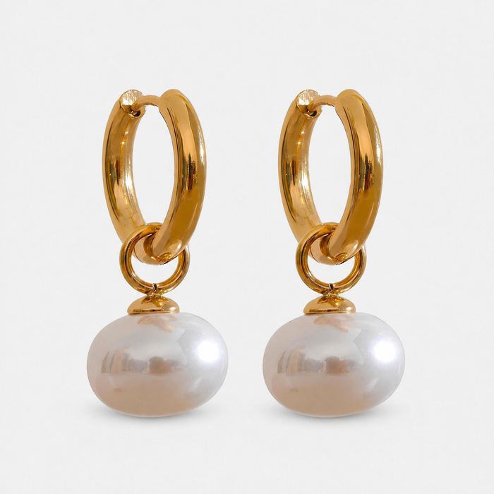 Pearl Drop Hoop Earrings with Gold-Plated Finish