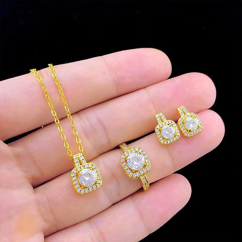 Gold square halo zircon necklace, earrings and ring