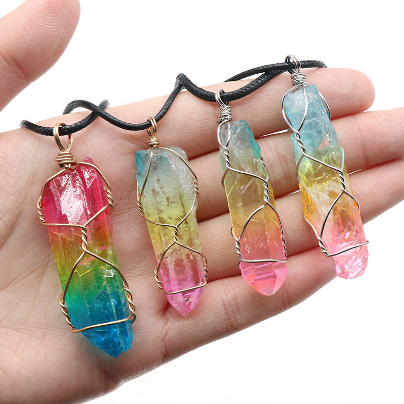 Tree of life wire wrapped crystal pillar necklace