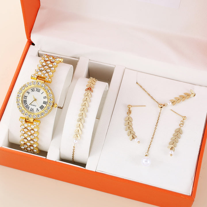 Gold rhinestone bracelet watch with jewelry set