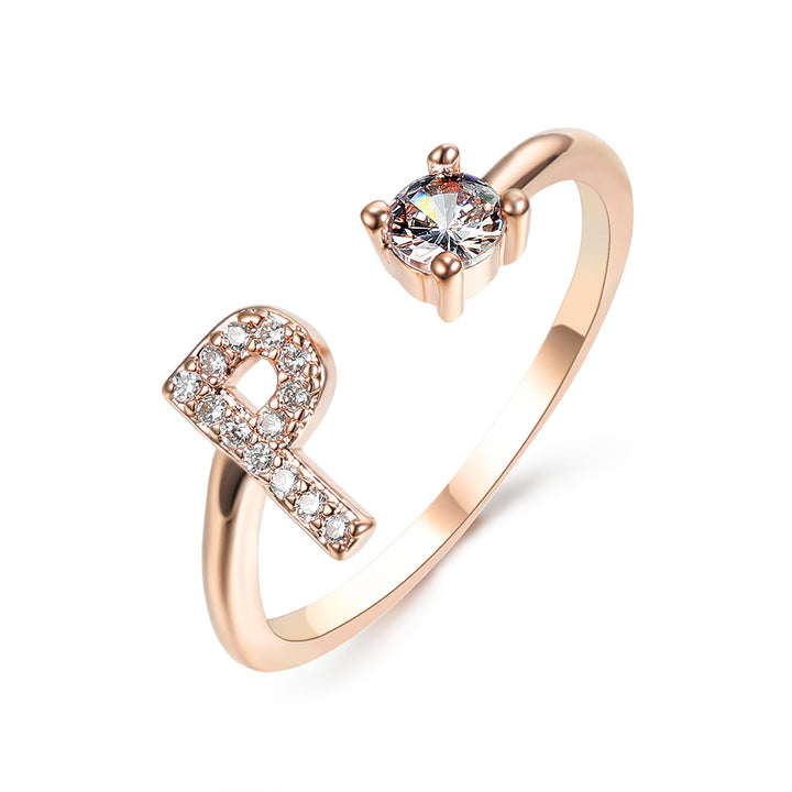 Gold adjustable initial ring with zircon letter