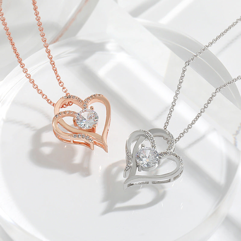 Silver double heart necklace with zircon