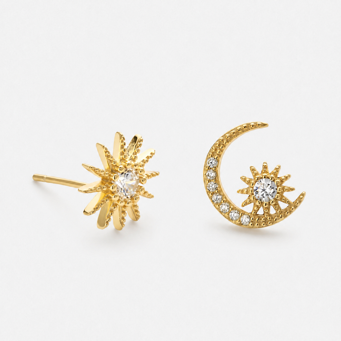 Stud Earrings with Sun and Crescent Moon Charms