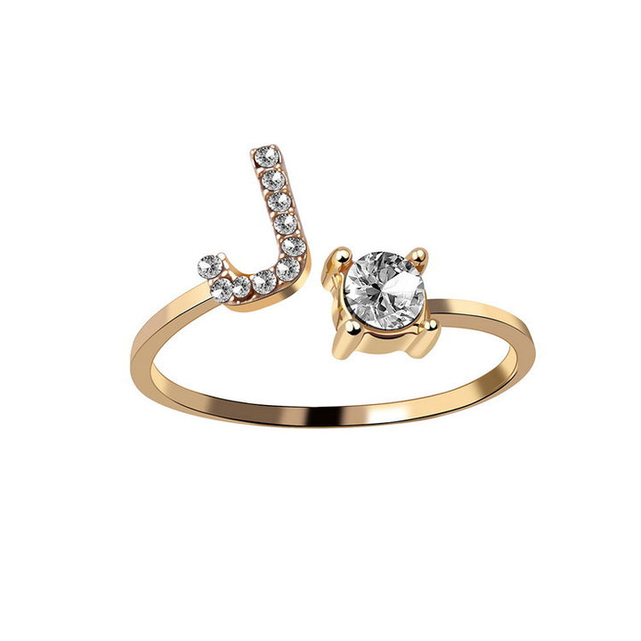 Gold adjustable initial ring with zircon letter