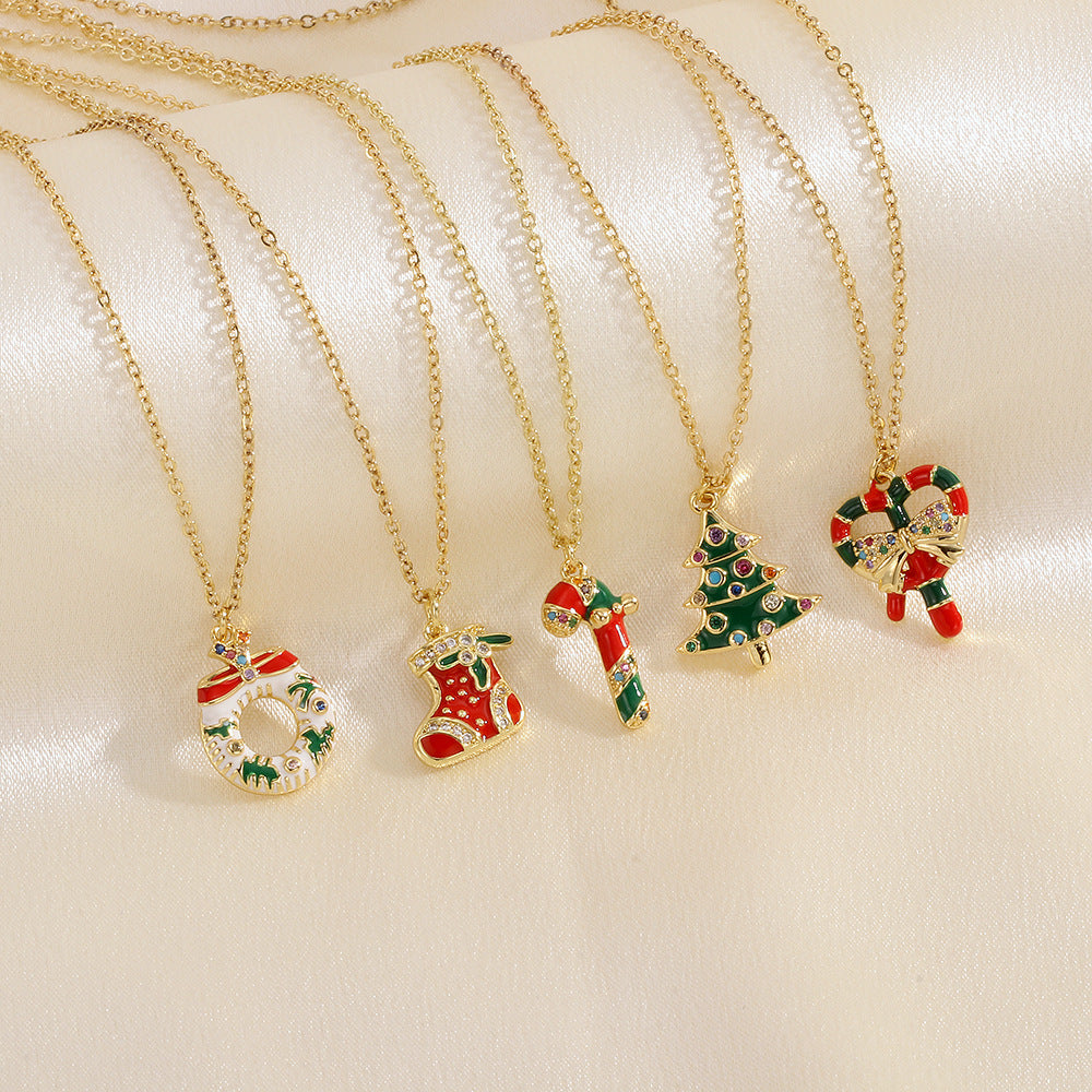 Gold enamel Christmas charm necklace with rhinestones