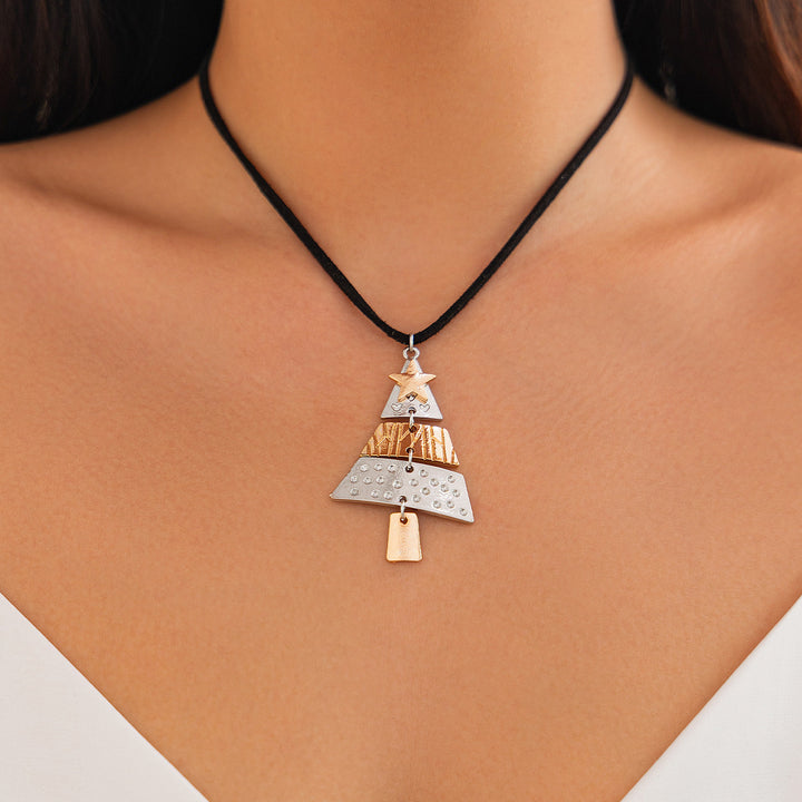 Christmas tree enamel pendant necklace on black cord