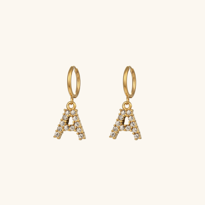 Initial Letter Hoop Earrings with Crystal Stones A-Z