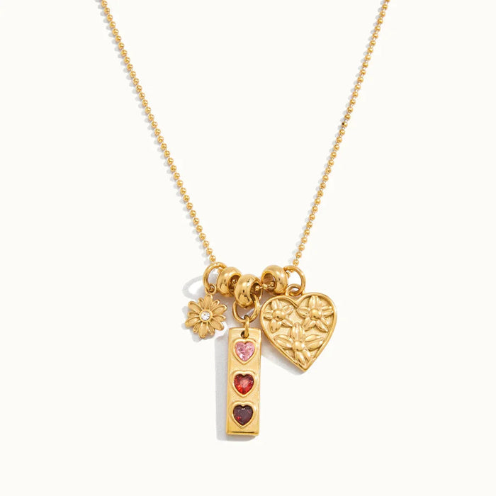 Women's Charm Necklace Triple Pendant Heart Flower Bar