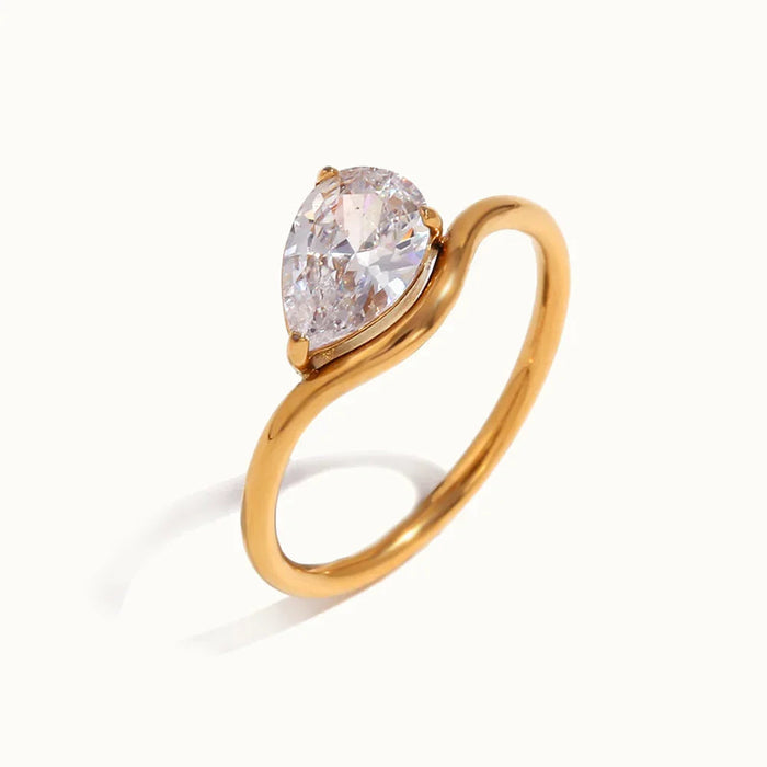 Women's Teardrop Diamond Ring with Wave Band in Gold Tone