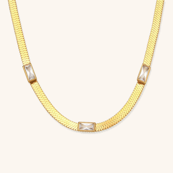 Herringbone Chain Necklace with Rectangular Crystal Accents
