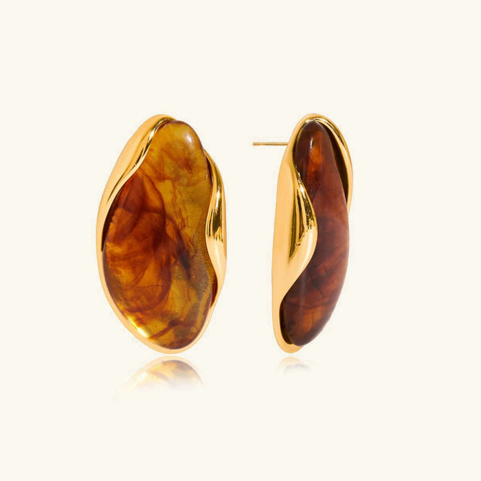 Gold-Tone Sculpted Stud Earrings with Gemstone Inlay