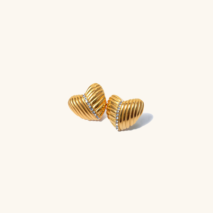 Heart Stud Earrings with Ridged Design and Crystals