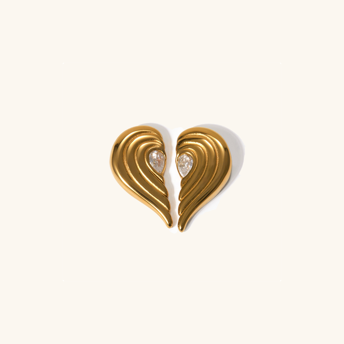 Heart-Shaped Drop Earrings with Pear Stone and Ridged Detail