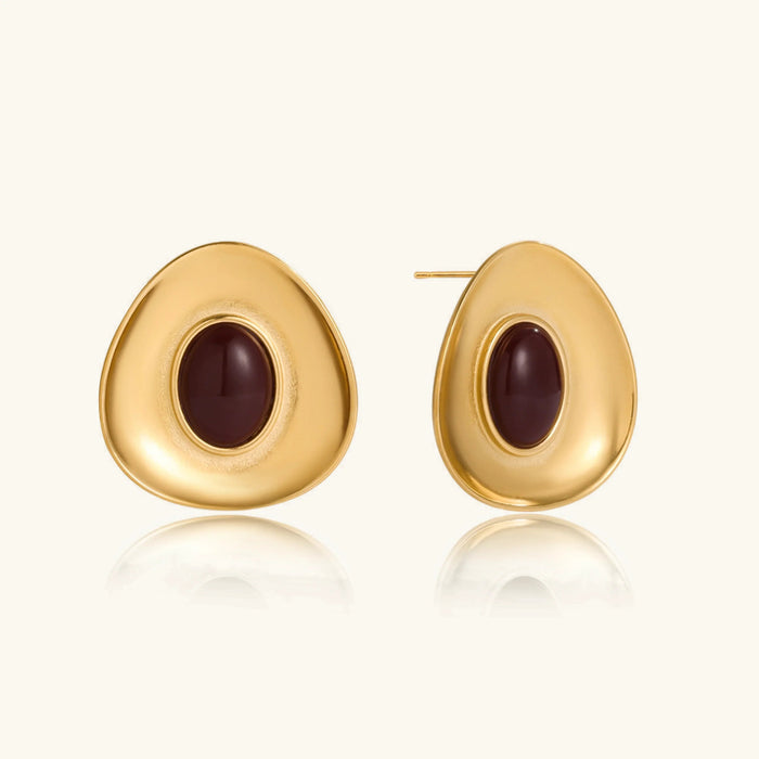 Gold-Tone Stud Earrings with Oval Enamel Stone Centre