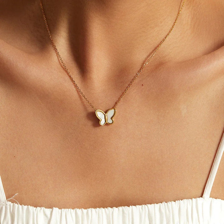 Gold-Plated Faux Pearl Butterfly Pendant Necklace for Women