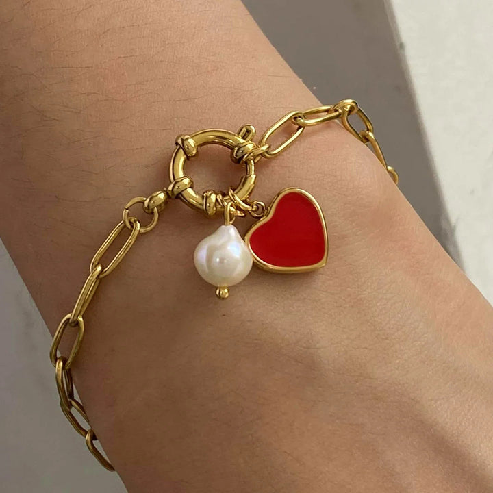 Gold-Plated Heart Chain Pearl Bracelet
