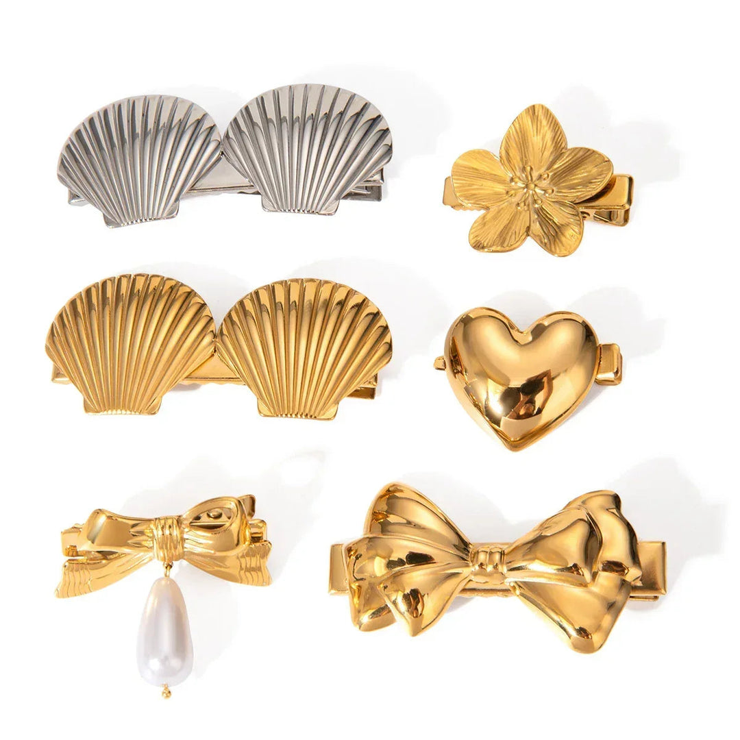 Gold-Plated Bow Hair Clip with Faux Pearl