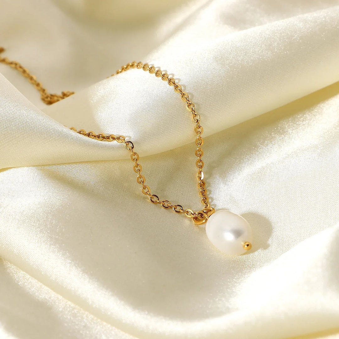 Gold-Tone Oval Faux Pearl Drop Necklace