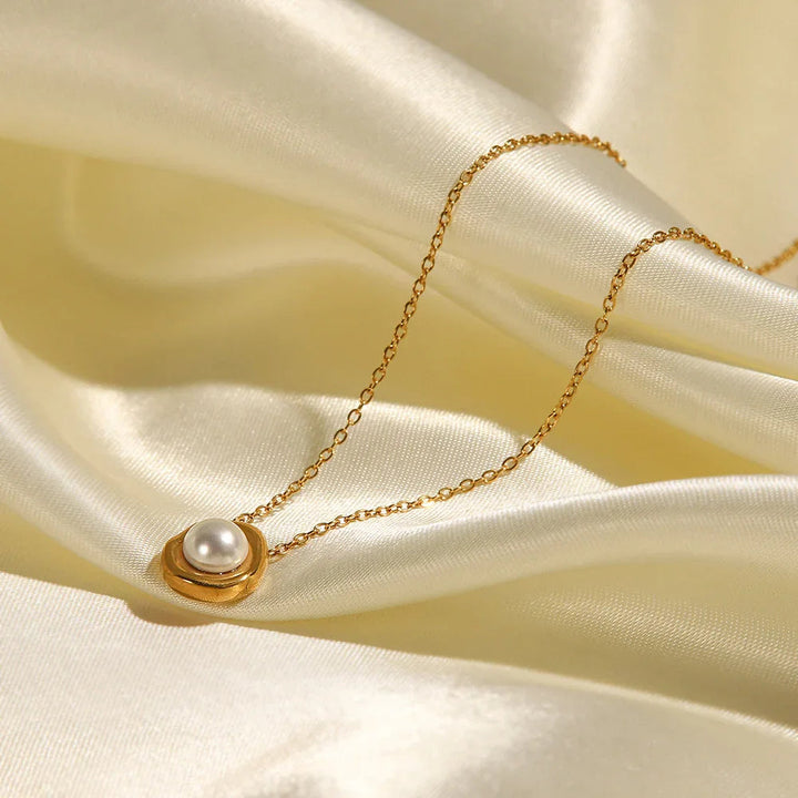 Gold-Tone Faux Pearl Oval Pendant Necklace
