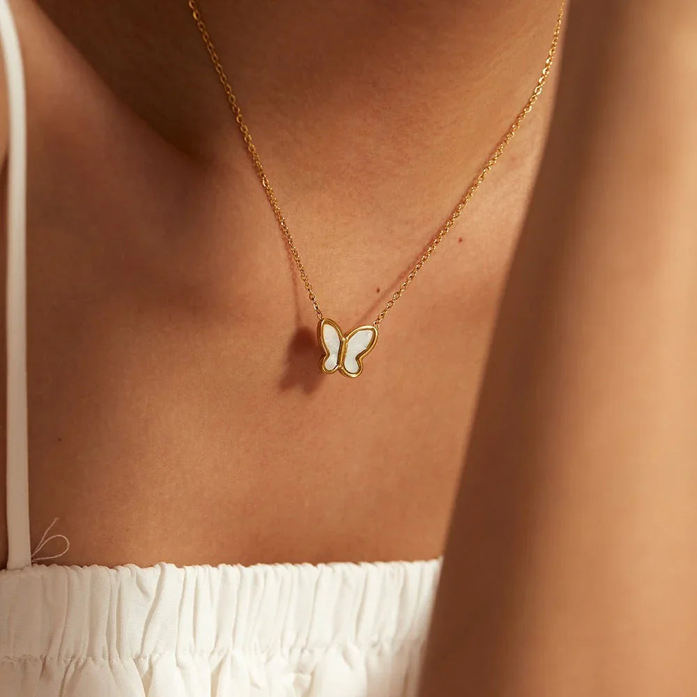 Gold-Plated Faux Pearl Butterfly Pendant Necklace for Women