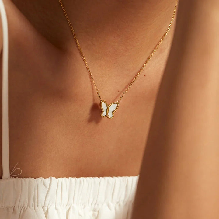 Gold-Plated Faux Pearl Butterfly Pendant Necklace for Women