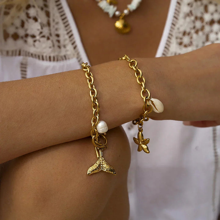 Gold-Plated Bracelet with Starfish, Shell, and Conch Pendants