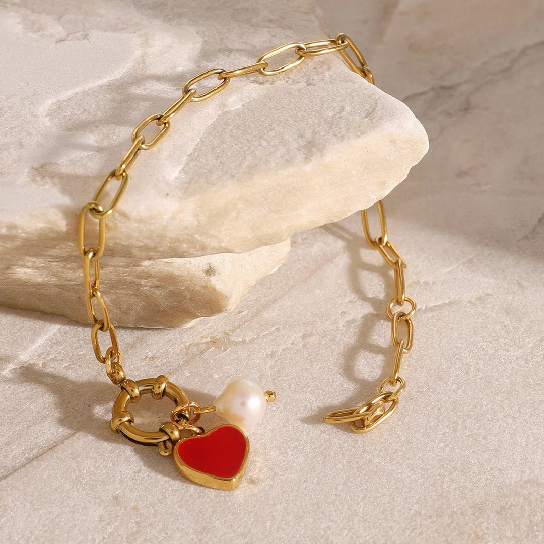 Gold-Plated Heart Chain Pearl Bracelet