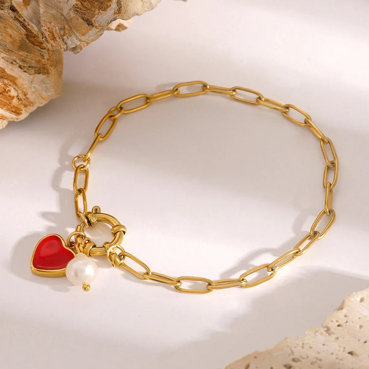 Gold-Plated Heart Chain Pearl Bracelet