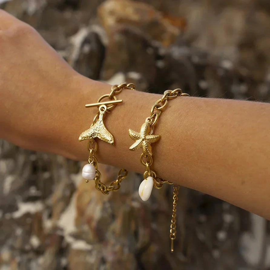 Gold-Plated Bracelet with Starfish, Shell, and Conch Pendants