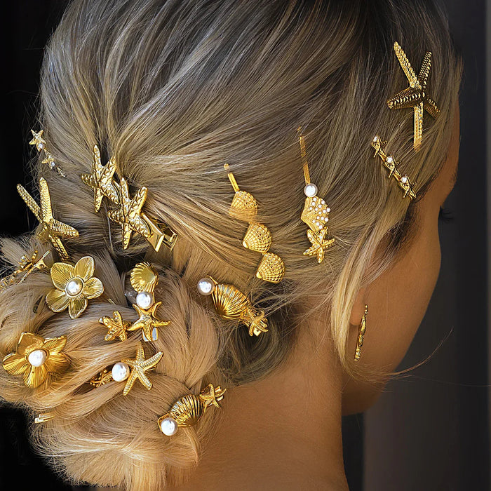 Women's Gold Hair Pin Set with Pearl and Starfish