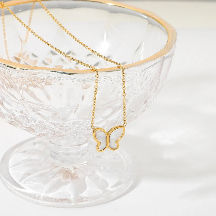 Gold-Tone Butterfly Pendant Necklace with Faux Pearl-Look Detail