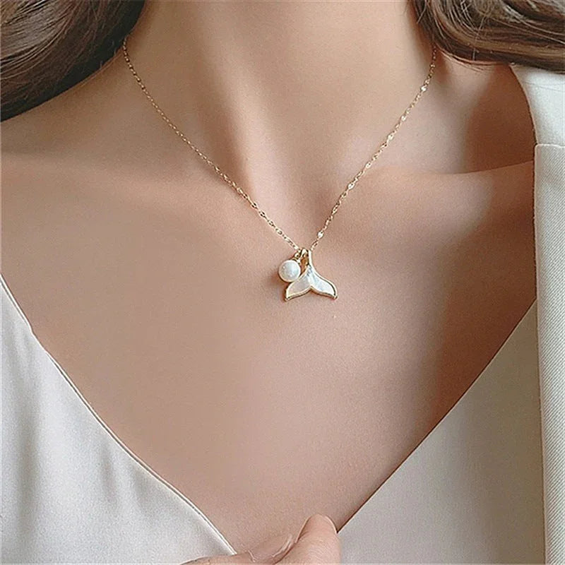 Gold-Tone Faux Pearl Mermaid Pendant Necklace