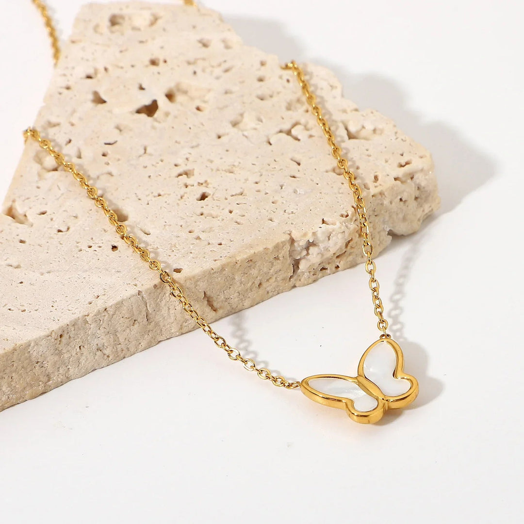 Gold-Tone Butterfly Pendant Necklace with Faux Pearl-Look Detail