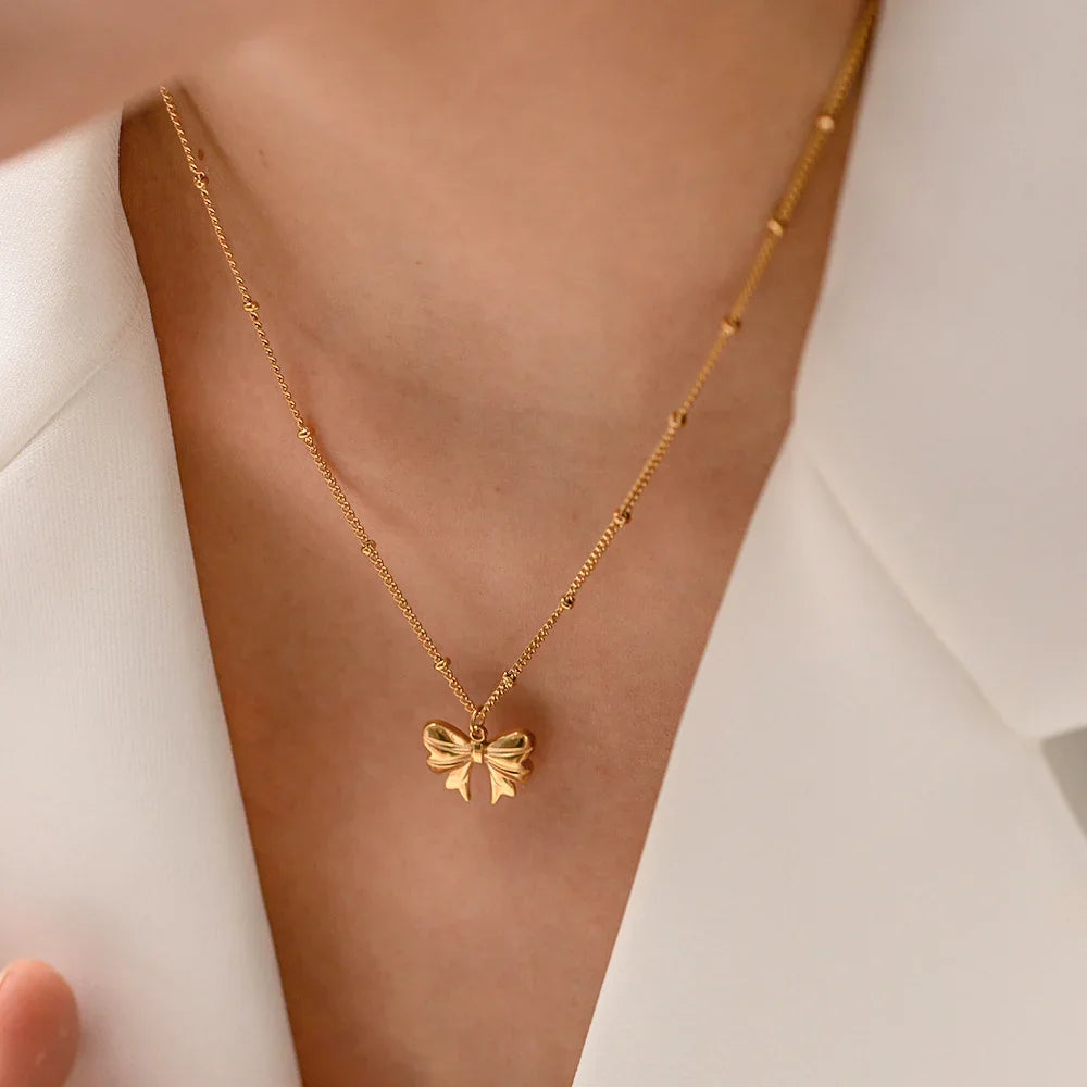 Gold-Plated Ribbon Necklace with Butterfly Pendant