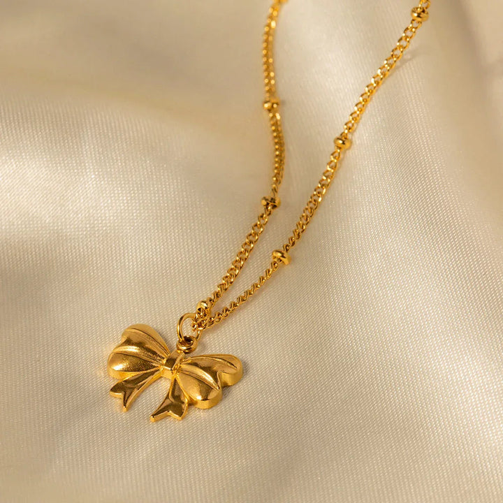 Gold-Plated Ribbon Necklace with Butterfly Pendant