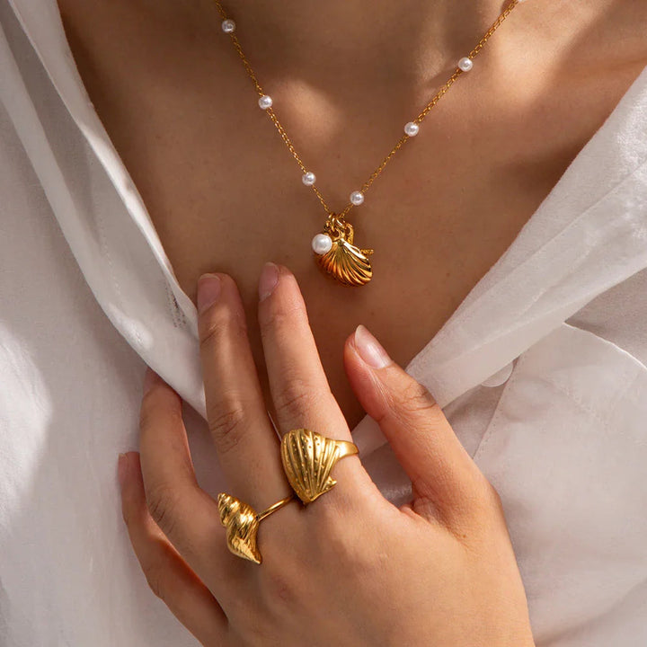 Gold-Plated Necklace with Freshwater Pearls and Seashell and Starfish Pendants