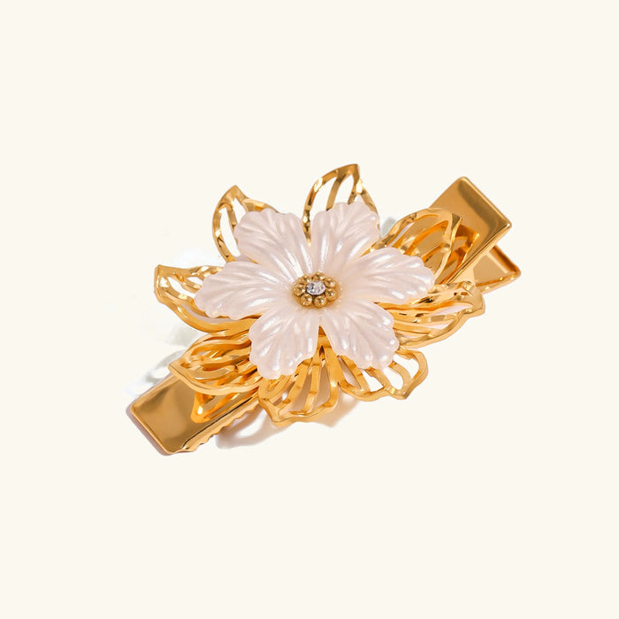 Floral Pearl Hair Clip with Gold Leaf Design